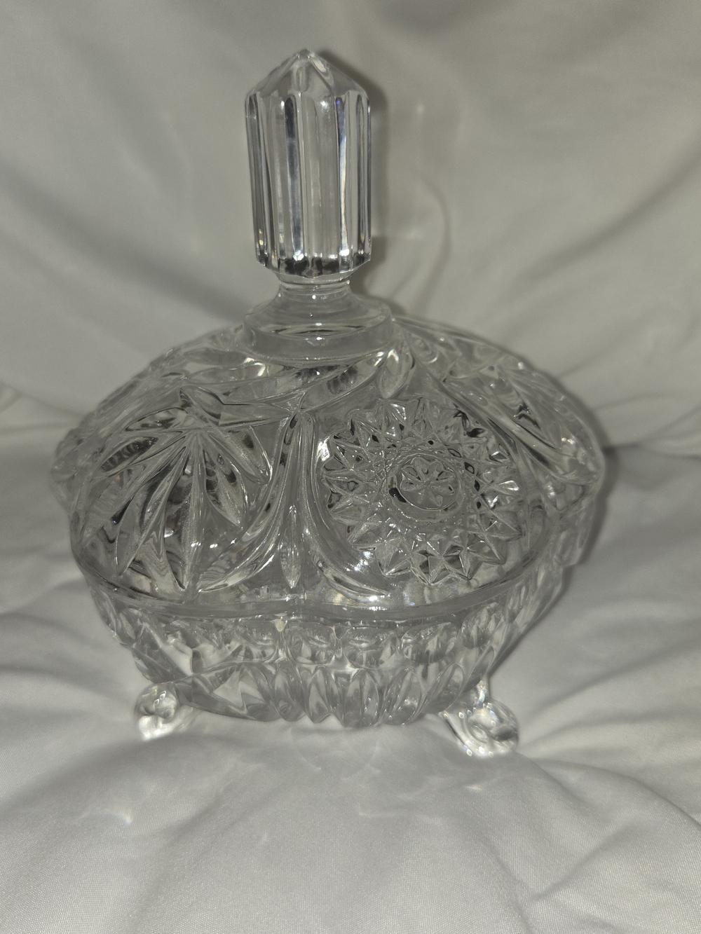 Pressed Cut Glass Footed Candy Dish with Lid 7.5" Tall Clear Bowl Vintage